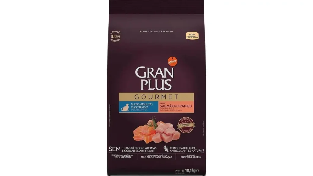 Melhores Rações para Gatos Adultos em 2025 Review Completo e Atualizado 4 Gran Plus Gourmet gatos adultos Castrado sabor salmão e frango de 10.1 kg