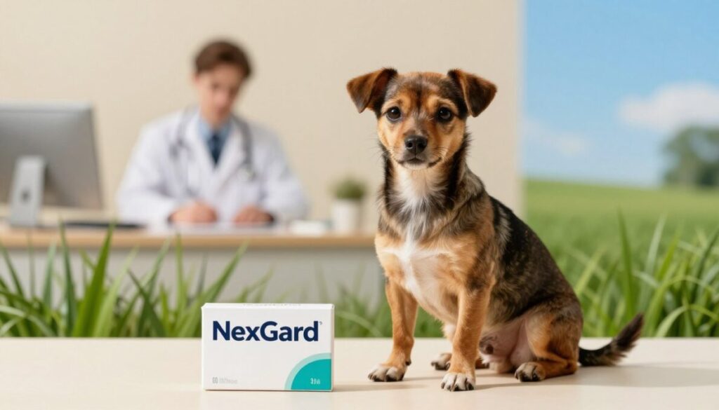 A small, healthy dog weighing 10 kg, sitting attentively on a clean, bright surface to symbolize protection and safety from parasites. The dog’s fur is shiny and well-groomed, showcasing its vitality. In the foreground, there is a sleek, modern NexGard packaging, prominently displaying its branding without text. The middle ground features a soft-focus veterinarian office with warm, inviting lighting, suggesting trust and care. In the background, images of nature, such as vibrant green grass and a clear blue sky, evoke a sense of outdoor safety. The atmosphere is calm and reassuring, with a gentle, warm light casting soft shadows, evoking a sense of security and care for small to medium dogs. The composition is balanced and harmonious, encouraging a positive view of pet medication.
