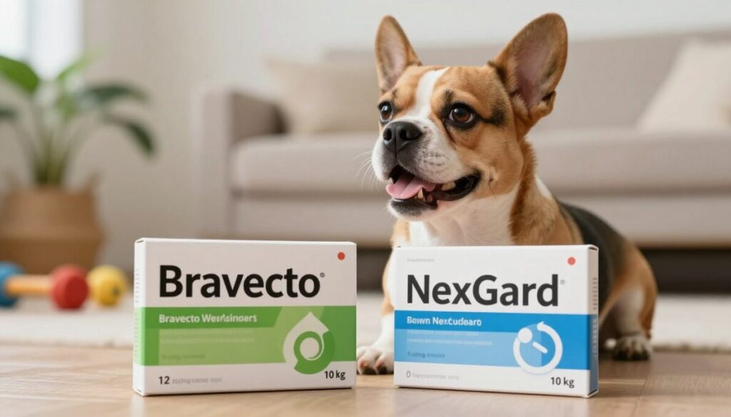 A visually engaging comparison of two popular dog medications, Bravecto and NexGard, designed for a small dog weighing around 10 kg. In the foreground, place the packs of Bravecto and NexGard side by side, prominently displaying their labels but without any text. The middle ground features a happy, healthy small dog, such as a Beagle or a French Bulldog, looking curiously at the products, conveying a sense of vitality and care. In the background, a soft-focus home environment suggests a cozy, pet-friendly setting with plants and pet toys. Use natural, warm lighting to create an inviting atmosphere, with a slightly elevated angle to capture both the products and the dog effectively, emphasizing the caring choice for pet owners.