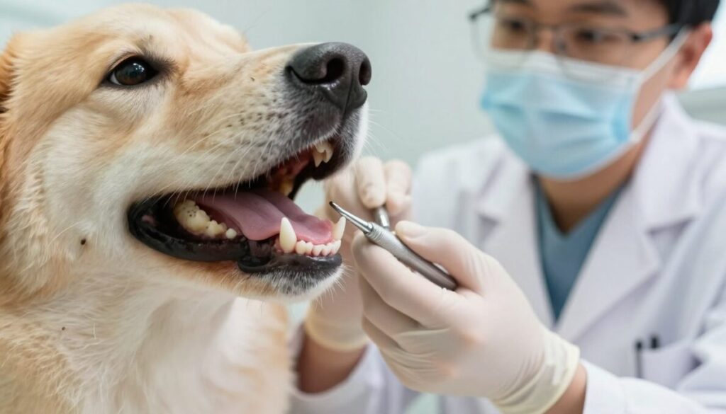 A close-up view of a healthy dog’s mouth, showcasing shiny white teeth and healthy gums, emphasizing oral health. The foreground features a gentle, smiling dog to create an inviting atmosphere. In the middle ground, a veterinarian wearing a white coat is examining the dog's teeth with a dental tool, radiating professionalism and care. The background includes soft, diffused lighting that highlights the veterinarian's focused expression and the dog's cheerful demeanor. Incorporate subtle colors reflecting cleanliness and warmth in the clinic setting, enhancing the nurturing vibe of veterinary care. The overall mood is reassuring and informative, perfect for educating pet owners about oral hygiene for their dogs. Uma visão aproximada da boca de um cão saudável, mostrando dentes brancos e brilhantes e gengivas saudáveis, enfatizando a importância da saúde bucal.