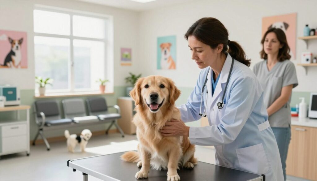 A cozy veterinary clinic interior featuring a caring veterinarian, a friendly dog, and a concerned pet owner. In the foreground, the veterinarian, a middle-aged woman in a light blue lab coat, examines the dog on an examination table, demonstrating trust and care. The dog, a golden retriever with bright eyes, looks calm and reassured. In the middle, a bright and well-organized space filled with medical equipment, colorful pet posters on the walls, and a shelf of pet care products. Soft, natural lighting streams through large windows, creating a warm atmosphere. The background features a small waiting area with a couple of chairs and a playful puppy, inviting a sense of safety and comfort in this nurturing environment. Interior aconchegante de uma clínica veterinária, apresentando um veterinário atencioso, um cachorro amigável